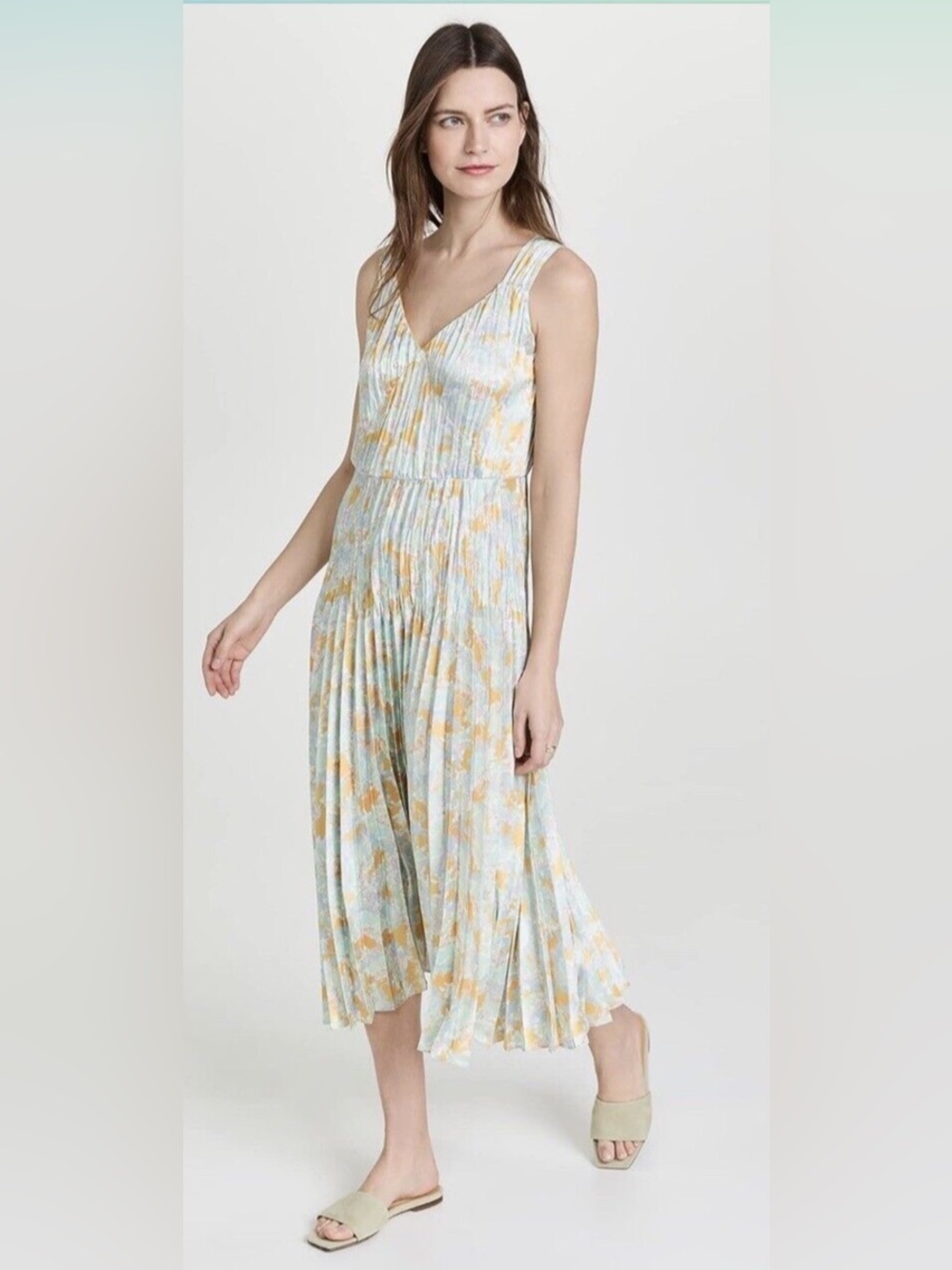 Vince Sleeveless Floral Midi Printed Lotus V-Neck Pleated Slip Dress XS